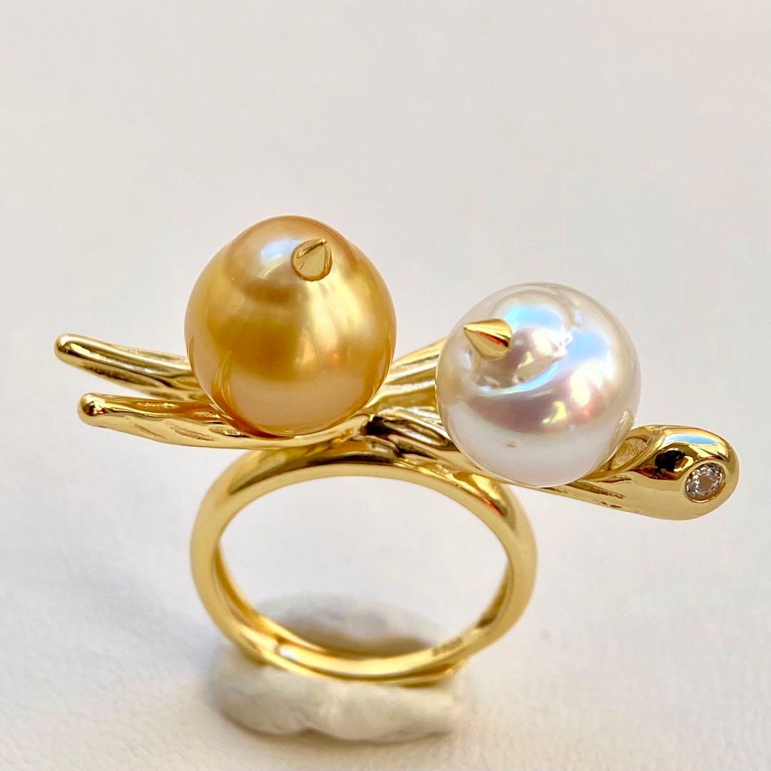 本真珠南洋白蝶真珠　茶金とホワイト無調「鳥と枝」s925リングY1059