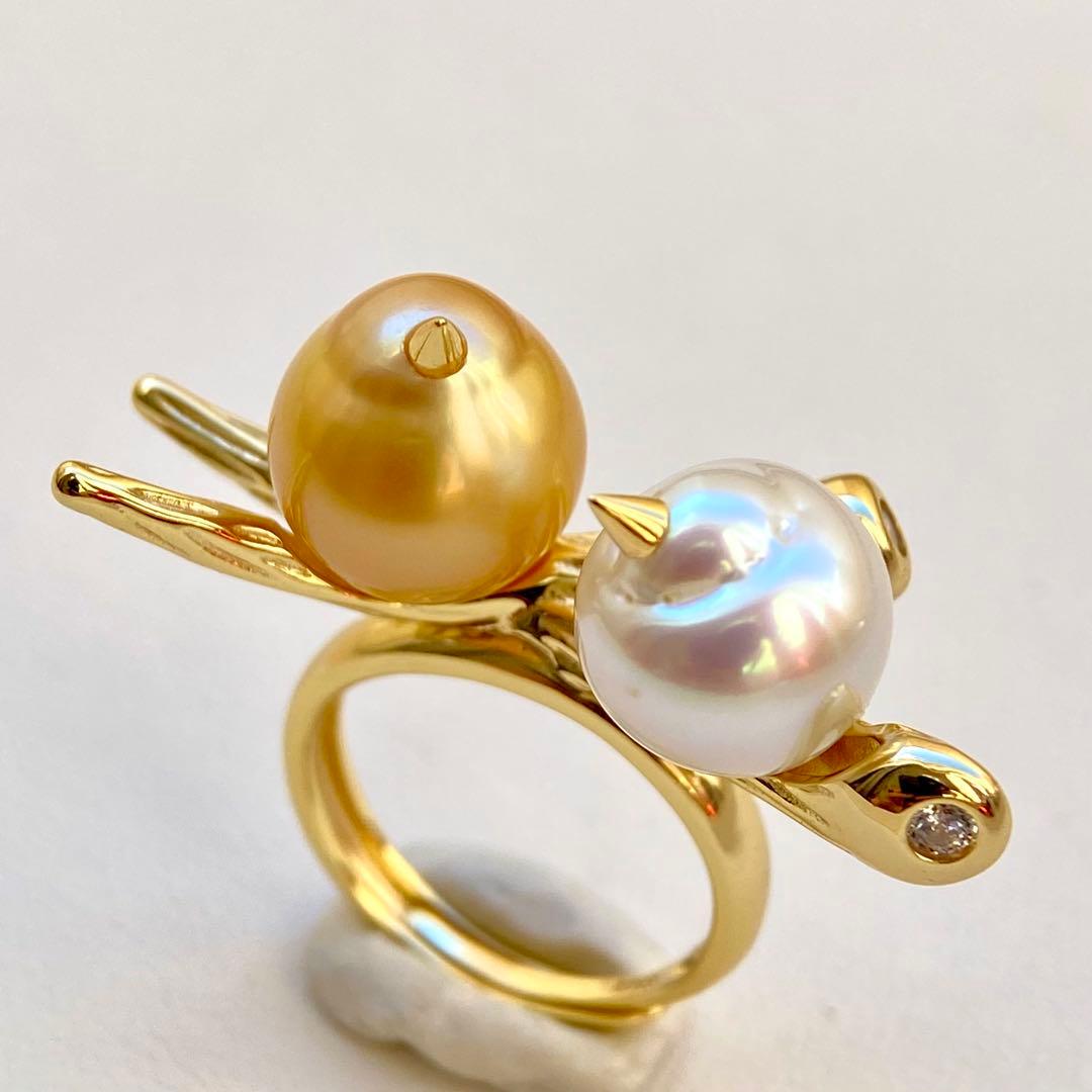 本真珠南洋白蝶真珠　茶金とホワイト無調「鳥と枝」s925リングY1059