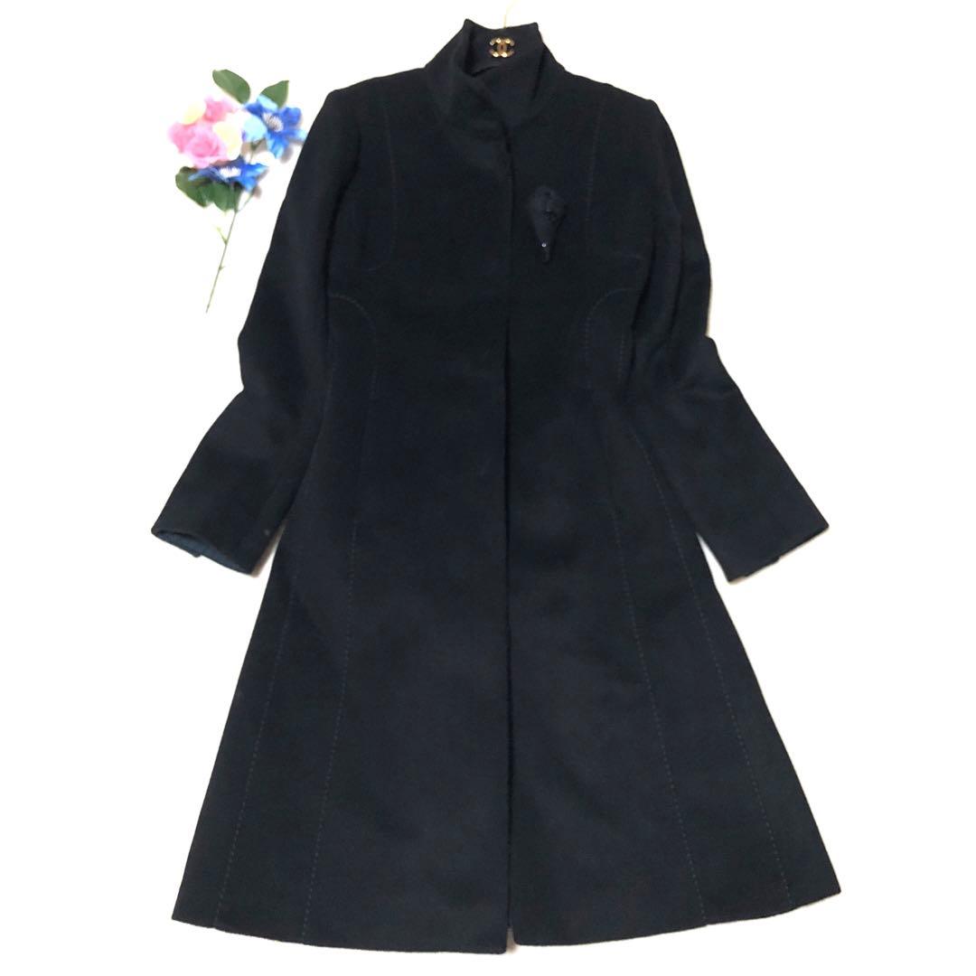 未使用級　スポーツマックス　チェスターコート　ブローチ　ウール　ロング　黒　38