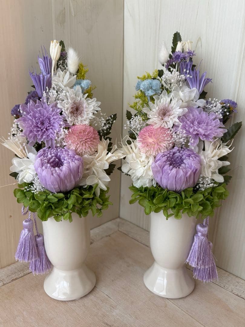 プリザーブドフラワー　仏花アレンジ1対(花器、タッセル付) Lサイズ