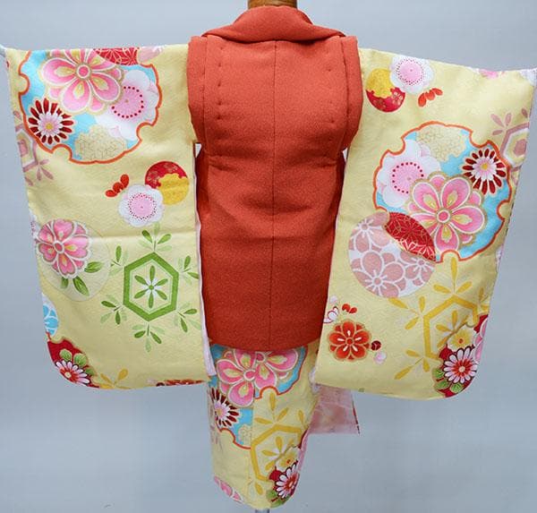 七五三 三歳 女児 被布着物フルセット 黄色 お仕立て無料 NO34382