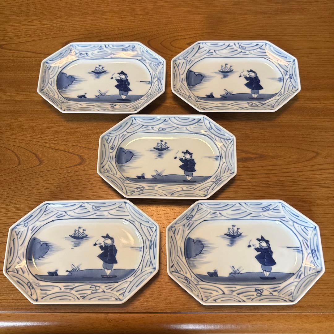 有田焼　青花　八画長角皿5枚セット
