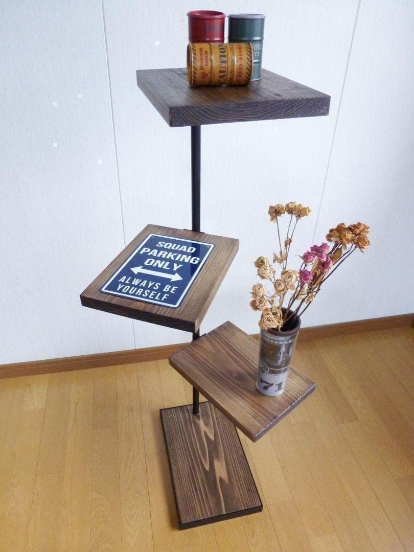 木製シェルフ　３６０度回転ラック　３段　アイアン家具　カフェ風　漢前　植物棚