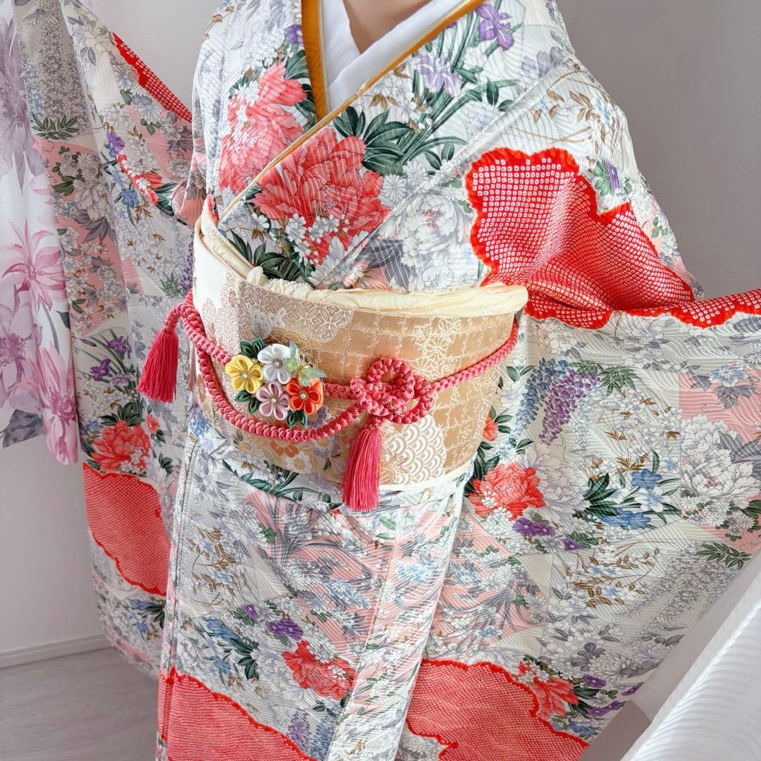 未使用に近い　正絹振袖フルセット　華やかな花柄　新品袋帯　オレンジ　成人式に