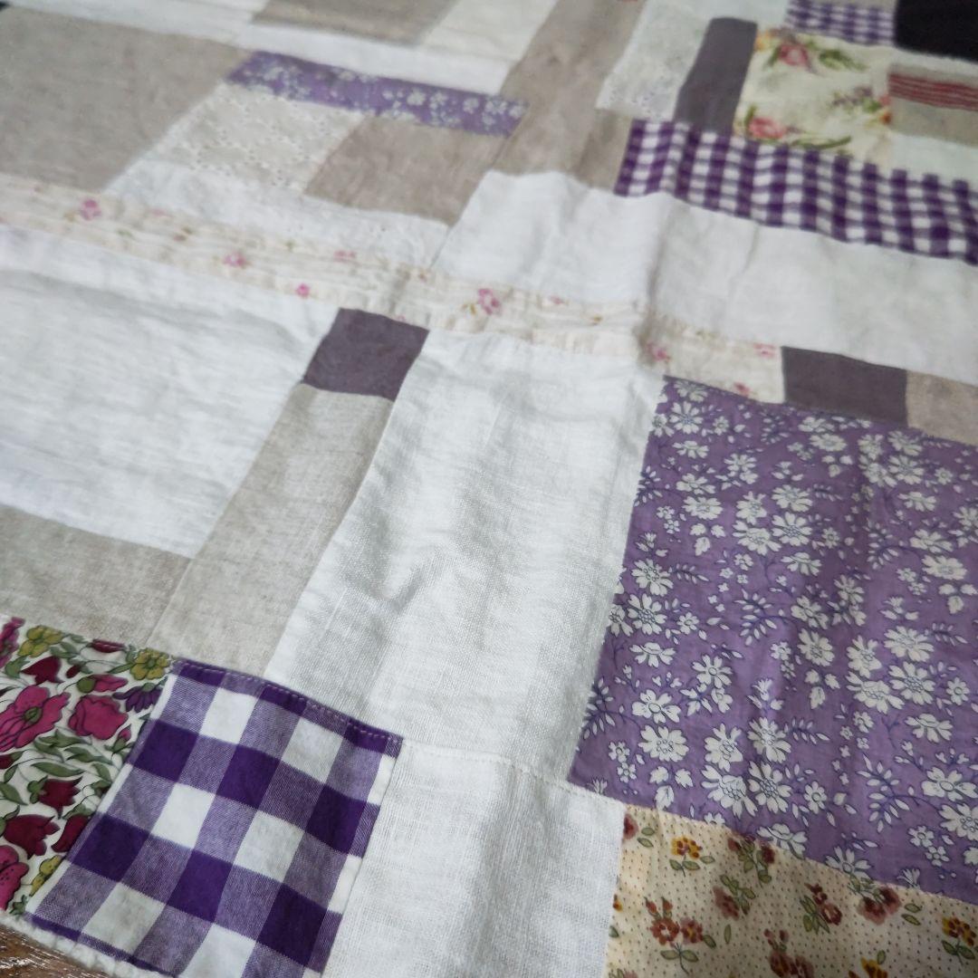 お値下げハンドメイドリネンパッチワークブランケットリバティ綿レース麻