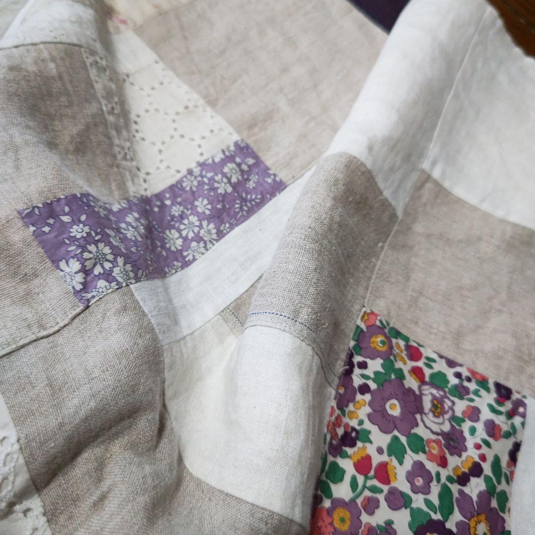 お値下げハンドメイドリネンパッチワークブランケットリバティ綿レース麻