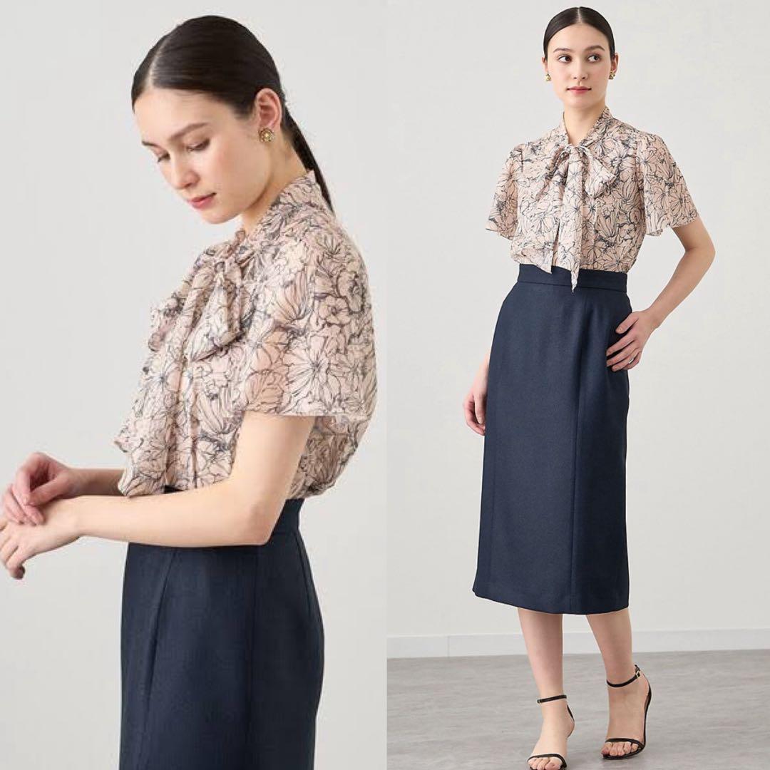 Blue☺︎ ANAYI ラインフラワープリントボウタイ ブラウス 24SS