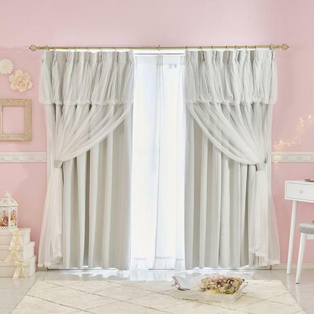 ロマプリ 上飾り付きレイヤード遮光カーテン グレー（幅100×210・2枚組）