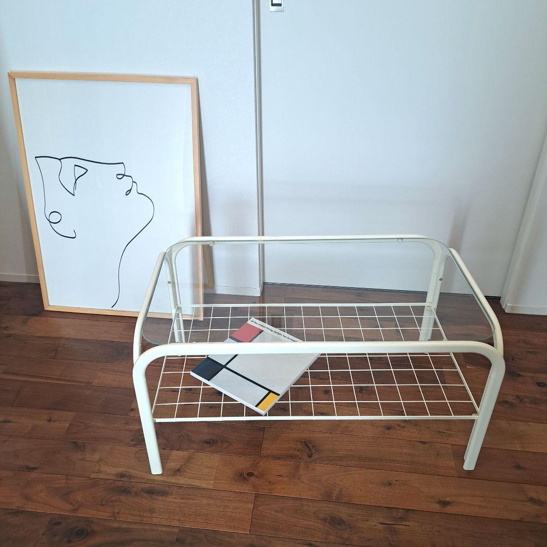 80年　アイアンフレーム ガラステーブル 白クリーム ミッドセンチュリー