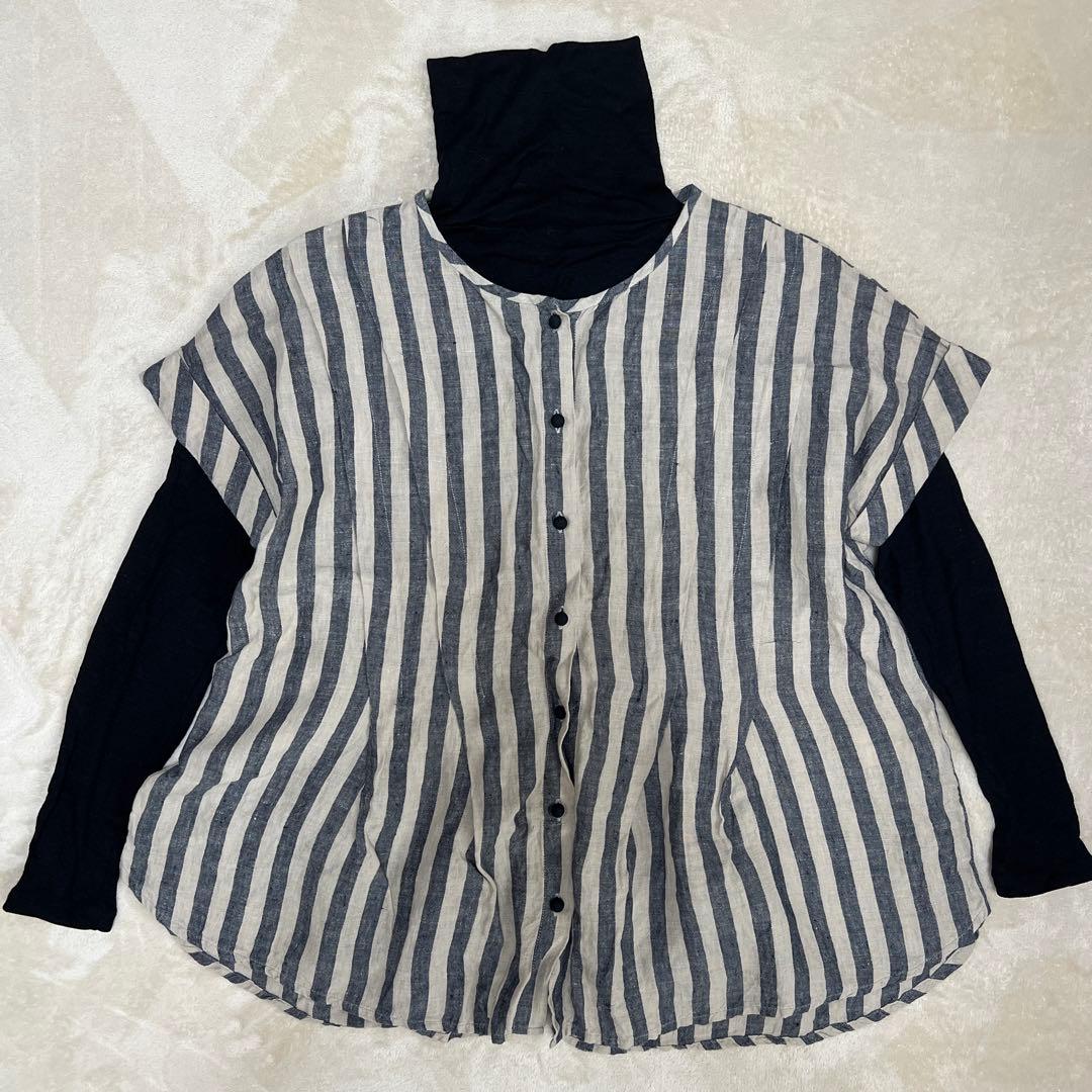 美品　MAGALI マガリ ストライプリネンタックショルダーブラウス