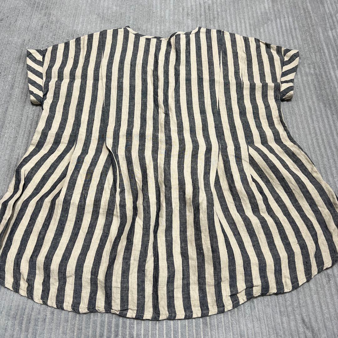 美品　MAGALI マガリ ストライプリネンタックショルダーブラウス