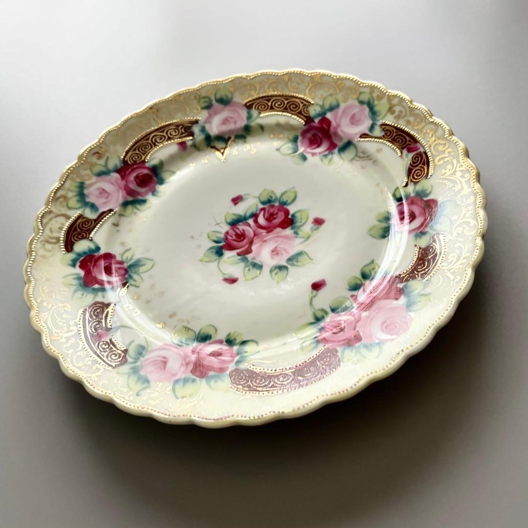 アンティーク　オールドノリタケ　初期メイプルリーフ印　薔薇金彩プレート【稀少品】