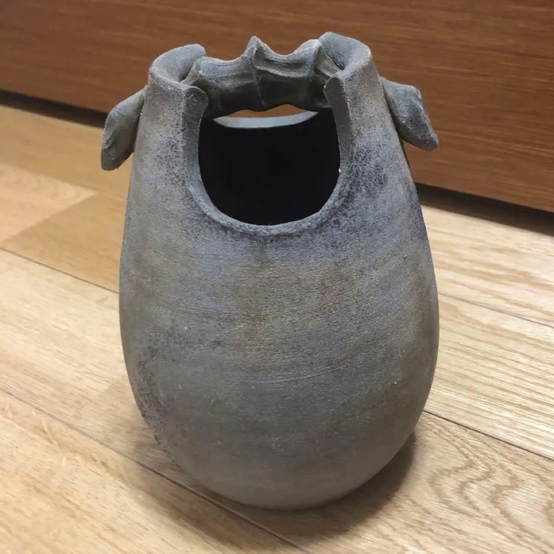 備前焼　花器　桟切　手桶型　刻印あり　一点物　工芸品
