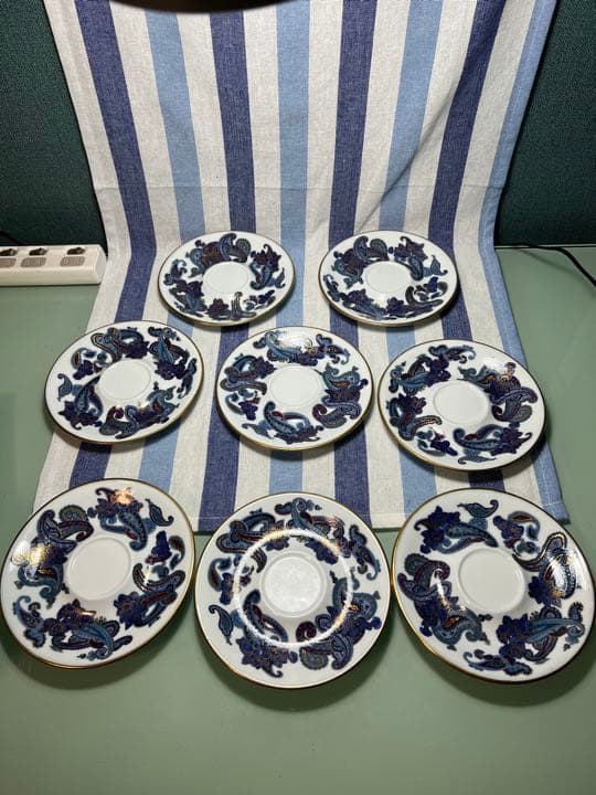 736 有田焼　其泉　染錦　ペイズリー　青　ソーサー　茶托　8客　未使用