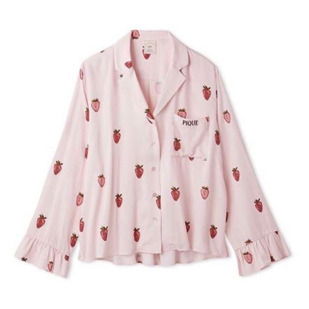 ジェラートピケ ストロベリー柄ツイルシャツ ロングパンツ 上下セットアップ