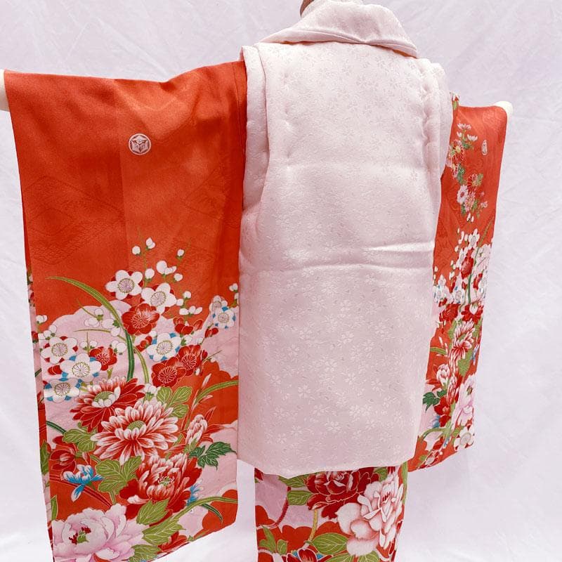 ◎509ag15◎七五三 三歳 女の子 アンティーク着物&被布 五つ紋 紅緋◎