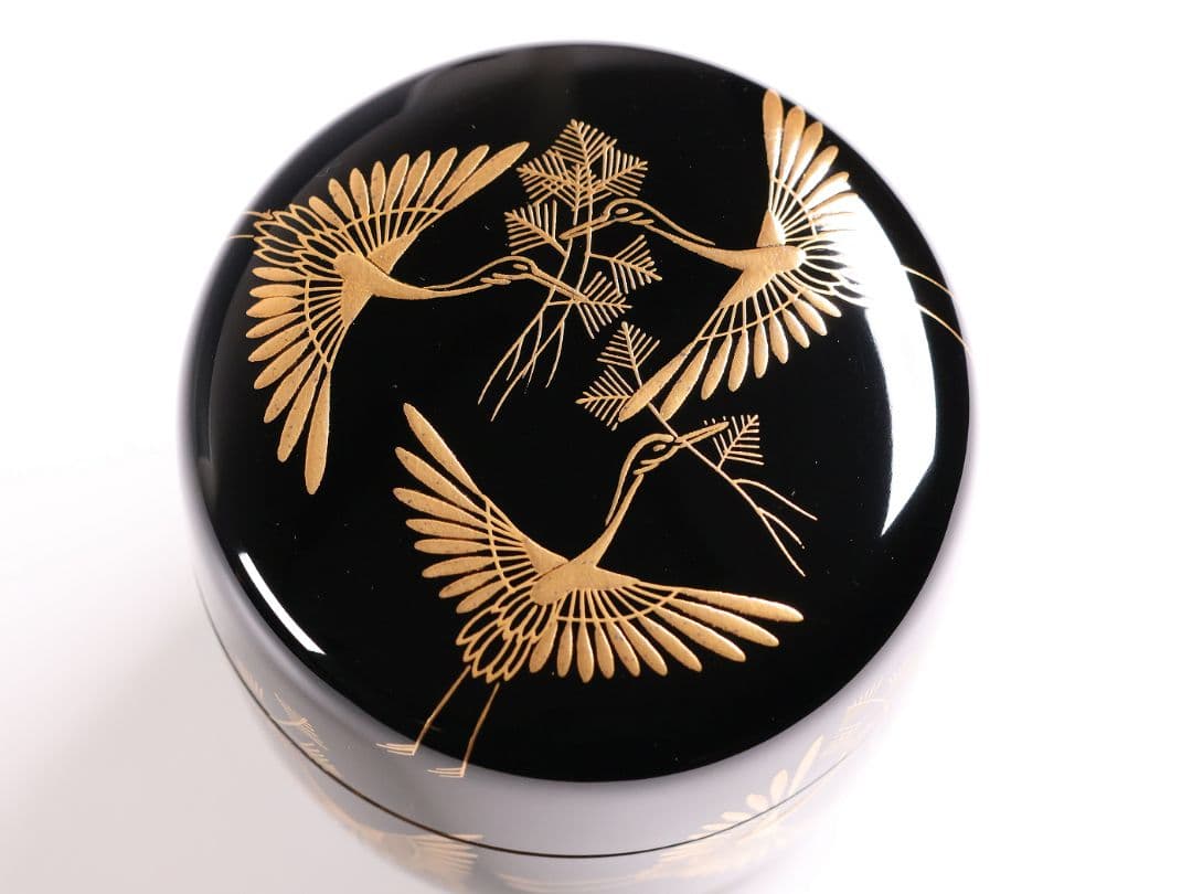 茶道具 新井司平「松喰鶴蒔絵」大棗 尋牛斎・書付 金蒔絵 木製【MA869】