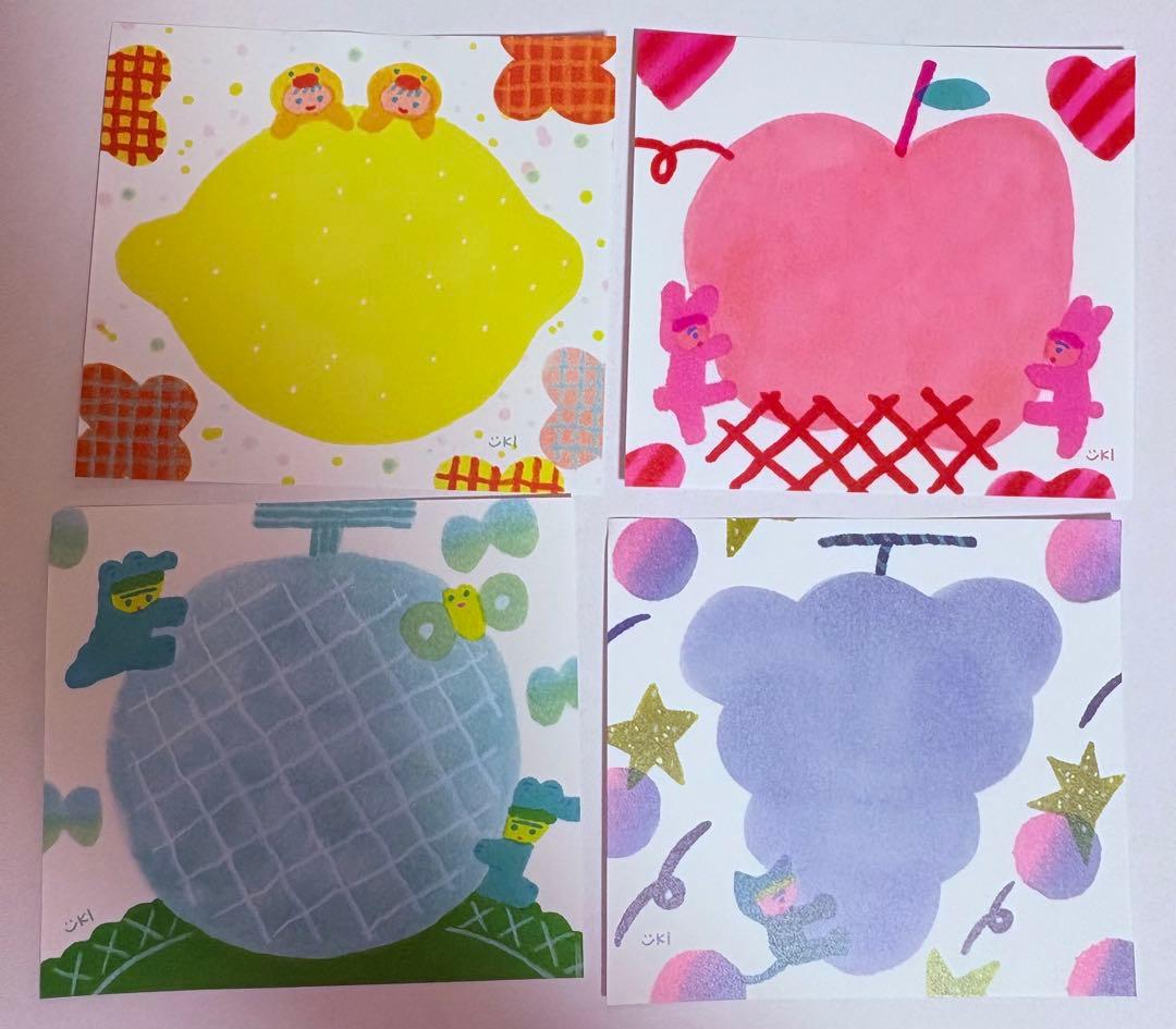果物とキャラクターのイラストメモ帳4枚セット