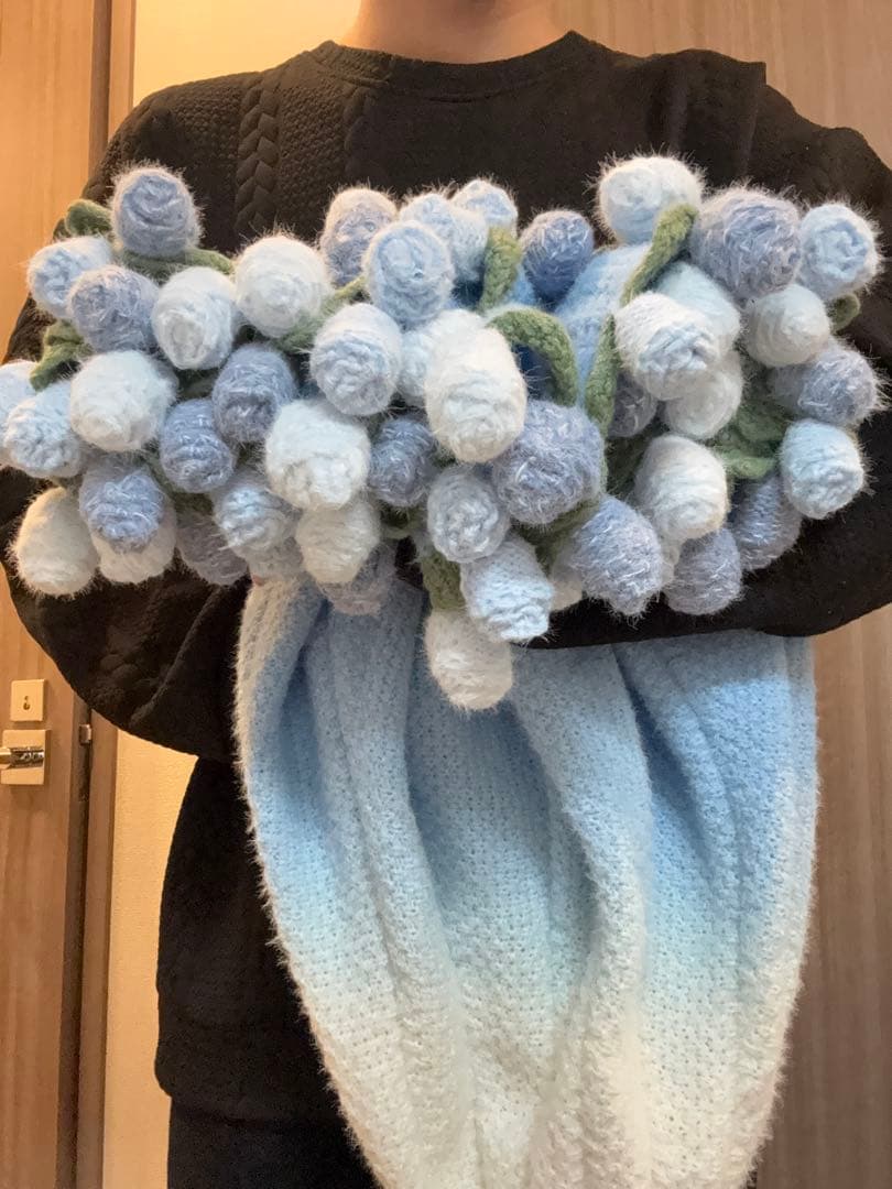 バラの花束ブランケット直径117cm，青いバラのストール