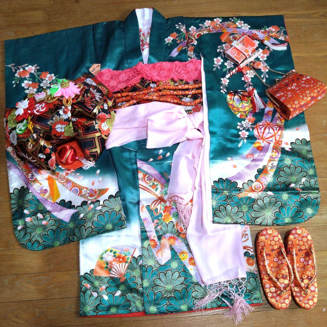 美しい緑七歳★着物帯バッグ草履小物セット★