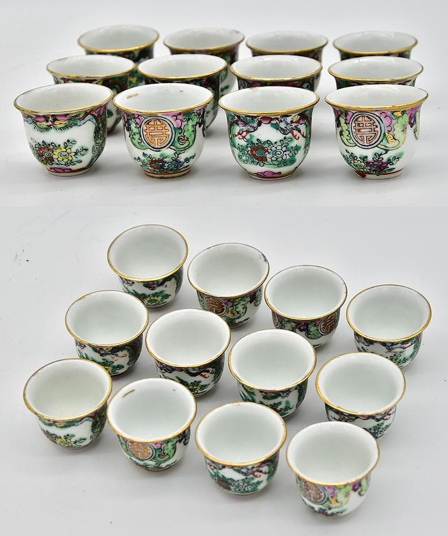 中国美術 乾隆年製 煎茶器揃 急須 煎茶盆 煎茶碗 12客 色絵粉彩花草桃図