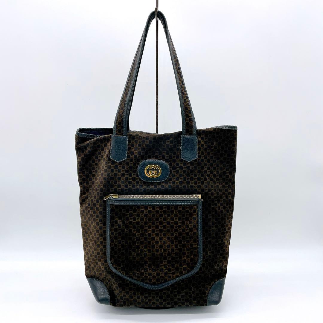 【OLD GUCCI】トートバッグ スクエアGG柄　ベロア調生地