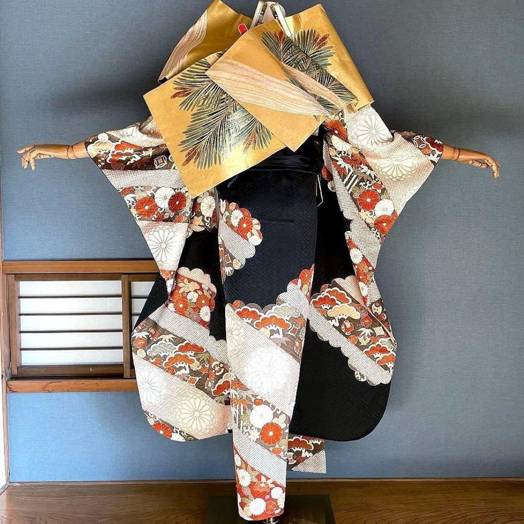 振袖フルセット　高身長　紋意匠　手描き友禅　成人式振袖　振袖　裄丈68 黒