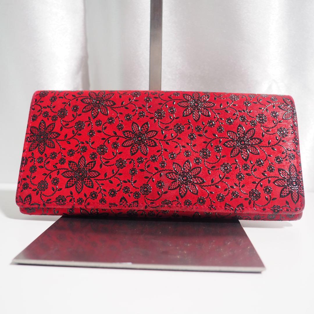 甲州印伝 本革 長財布 赤黒地×黒漆 花柄 印傳屋 クレマチス 札入れ 極美品