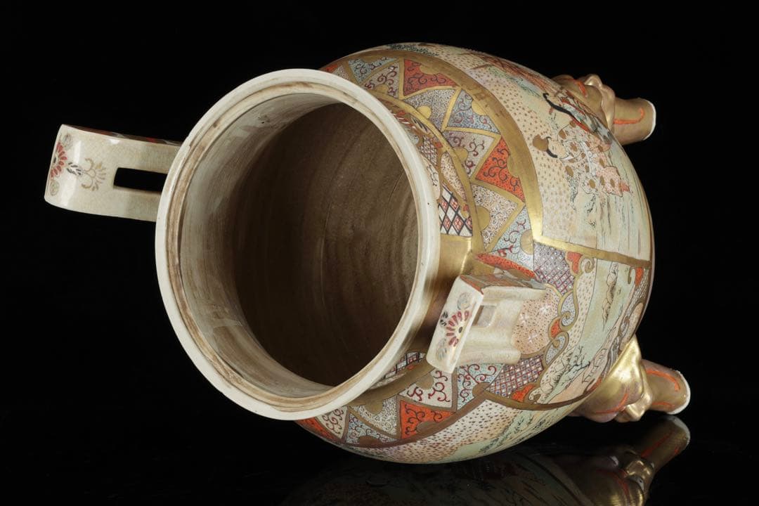 薩摩焼 金襴手金彩色絵 武者人物図 獅子摘三足大香炉 62㎝ 共箱 古美術 骨董