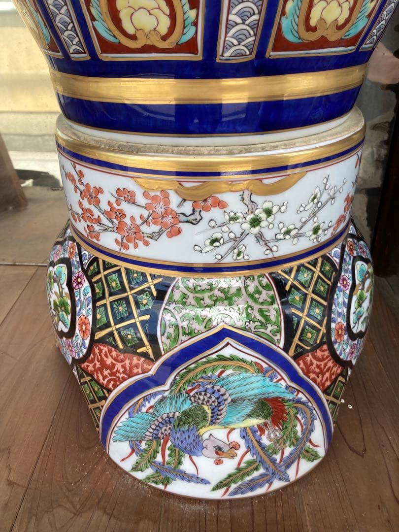 飾壺　豪華大壺　花鳥図染錦　獅子　有田焼　床壺　未使用品