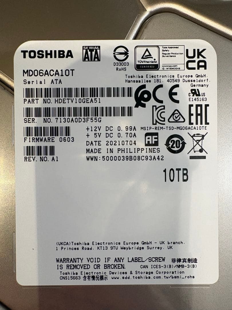 TOSHIBA 内蔵HDD 10TB MD06ACA10T 新品未使用 箱なし