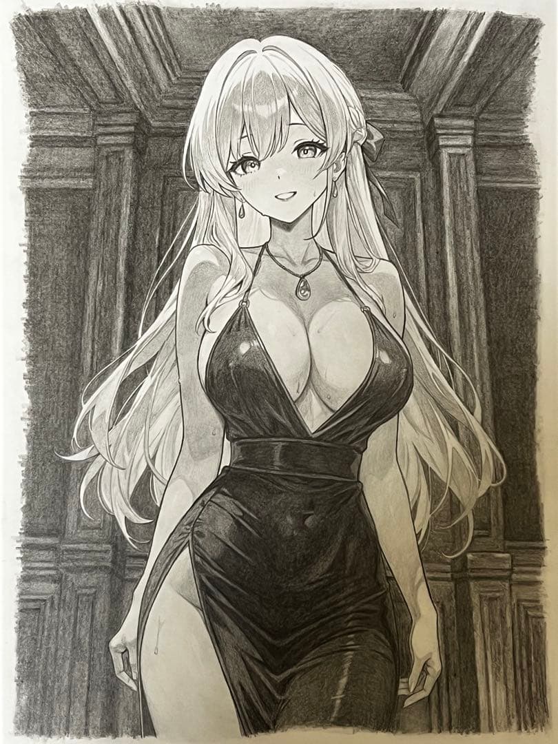 【手描き原画】鉛筆画 A4 黒ドレス line_n_shade