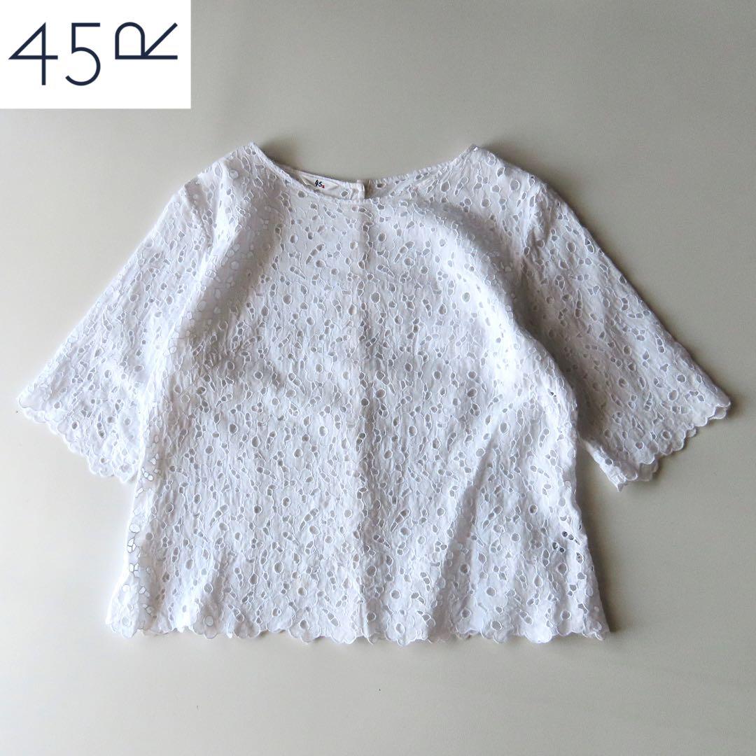 45R カットワークレースのバックボタンブラウス 3 ホワイト 45rpm