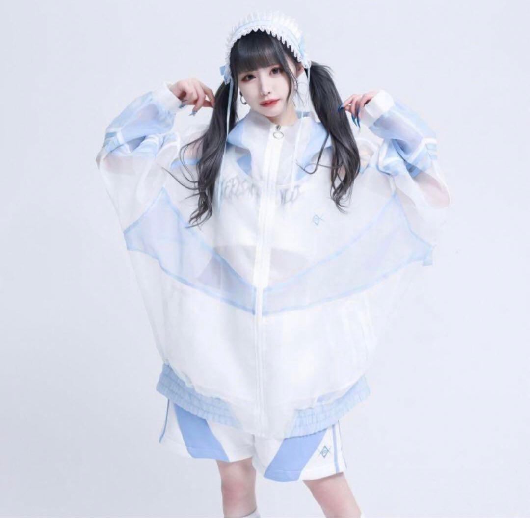 REFLEM レフレム シースルー切り替えハイネックパーカー ホワイト 水色系統