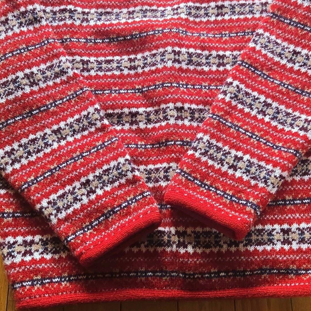 パパス カーディガン ニット ウール100％ vネック フェアアイル柄 赤レッド