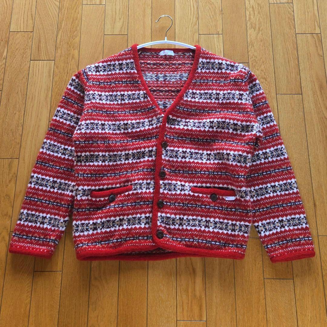パパス カーディガン ニット ウール100％ vネック フェアアイル柄 赤レッド