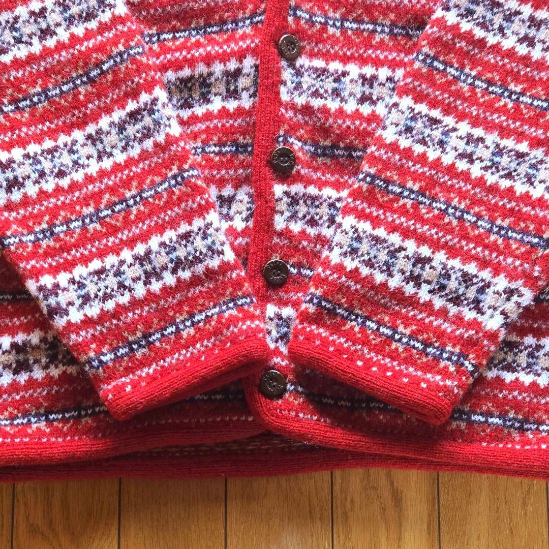パパス カーディガン ニット ウール100％ vネック フェアアイル柄 赤レッド