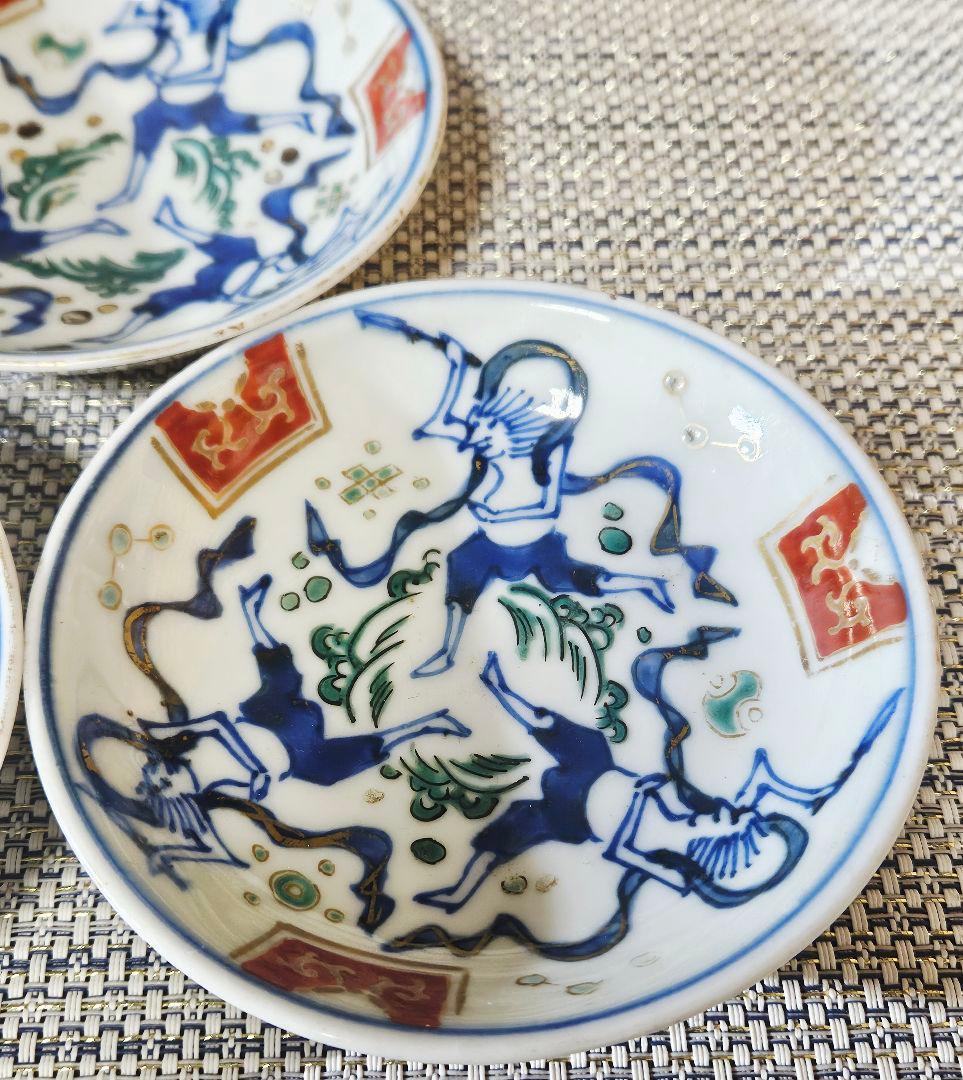 明治時代初期　古伊万里　染錦　狩猟の図　波文様　小皿　豆皿　手塩皿　5客