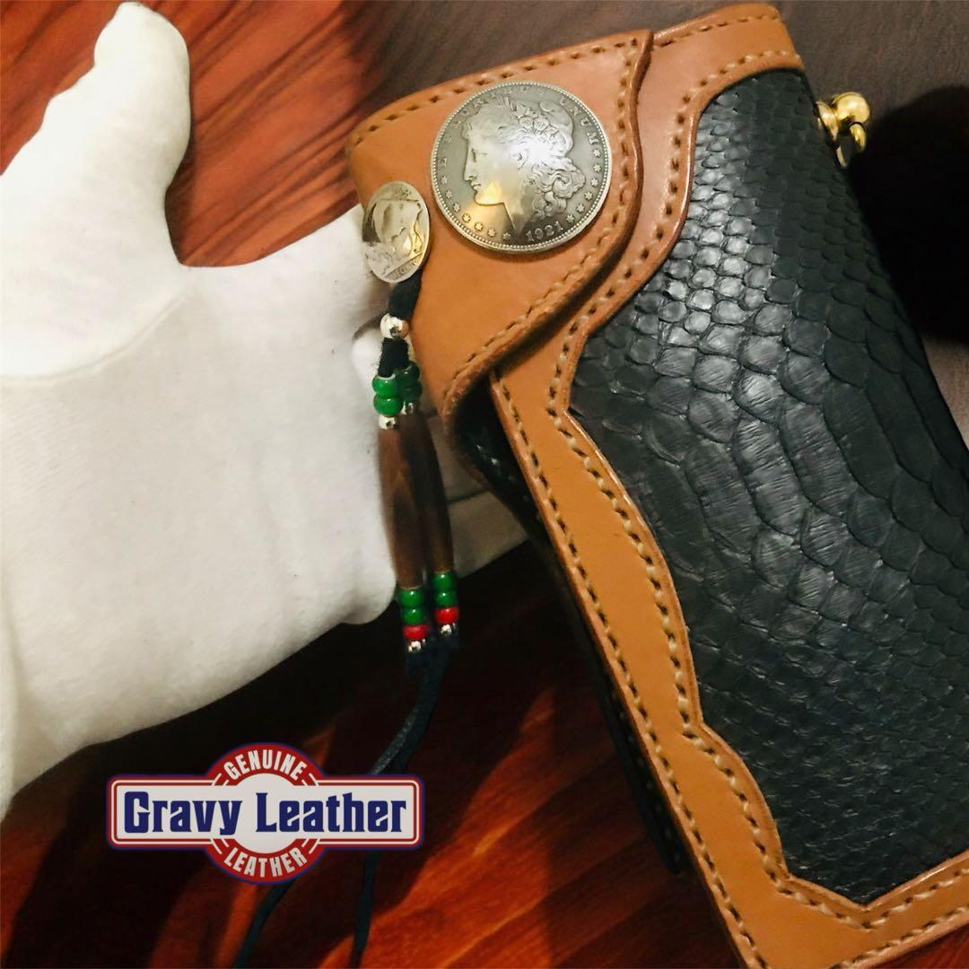 Gravy Leather 最高級 ブラックパイソン 本革 長財布 サドルレザー