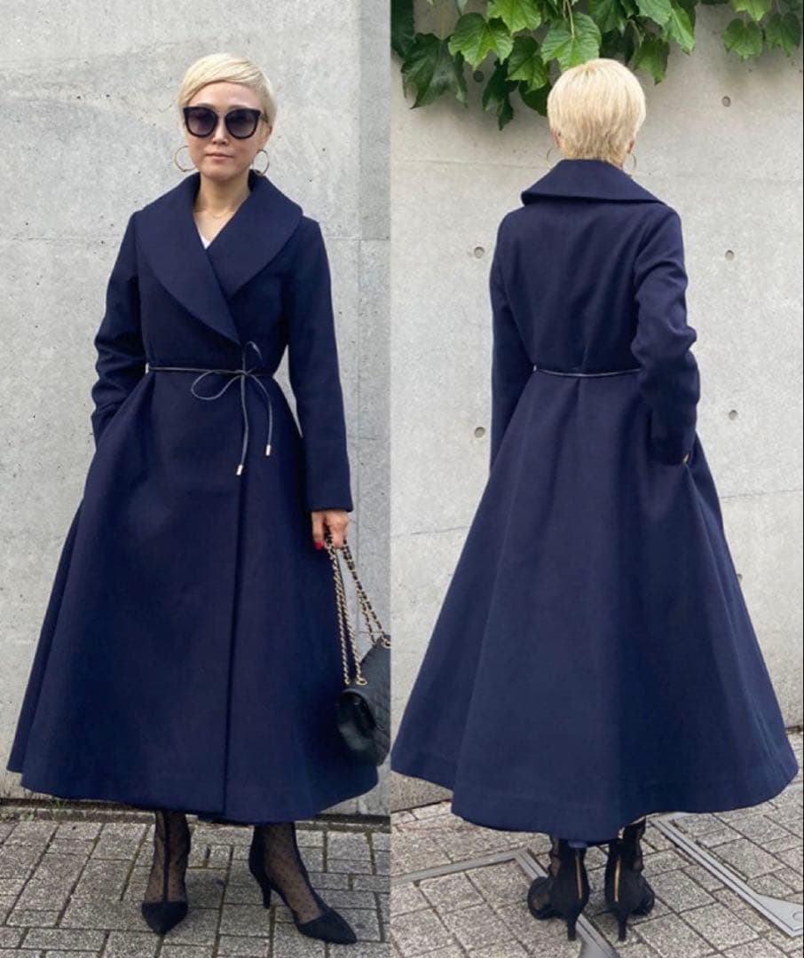 1月末までJENNE エレガントカラー フレアコート ネイビー