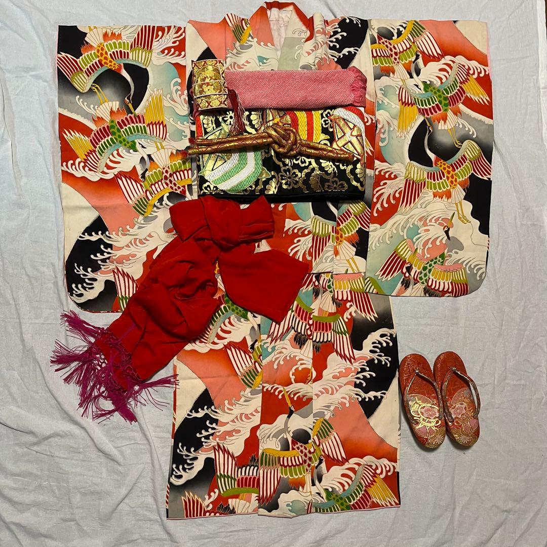 七五三　7歳　正絹　アンティーク　カラフル　鶴　フルセット　レトロ　着物セット