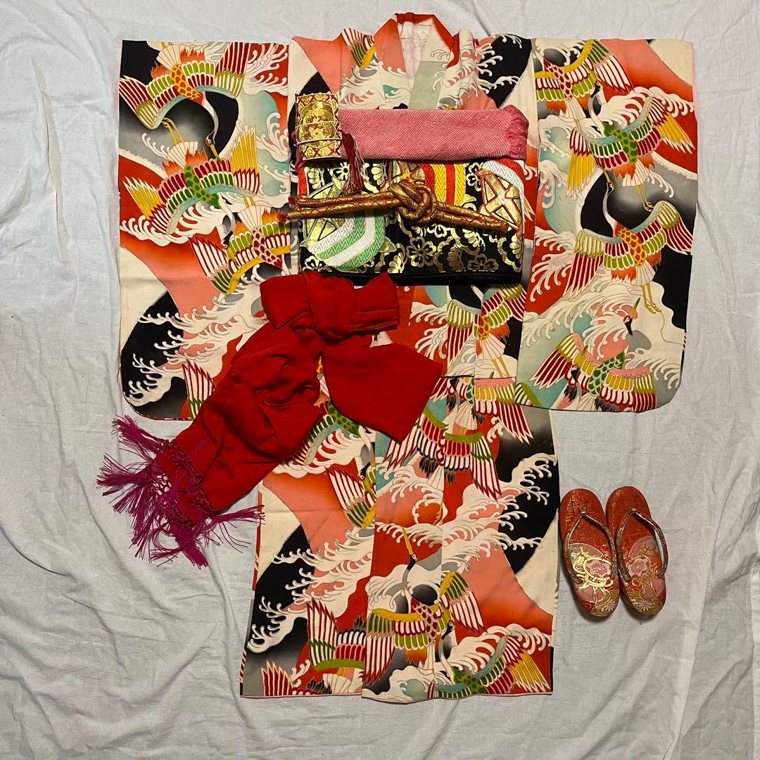七五三　7歳　正絹　アンティーク　カラフル　鶴　フルセット　レトロ　着物セット