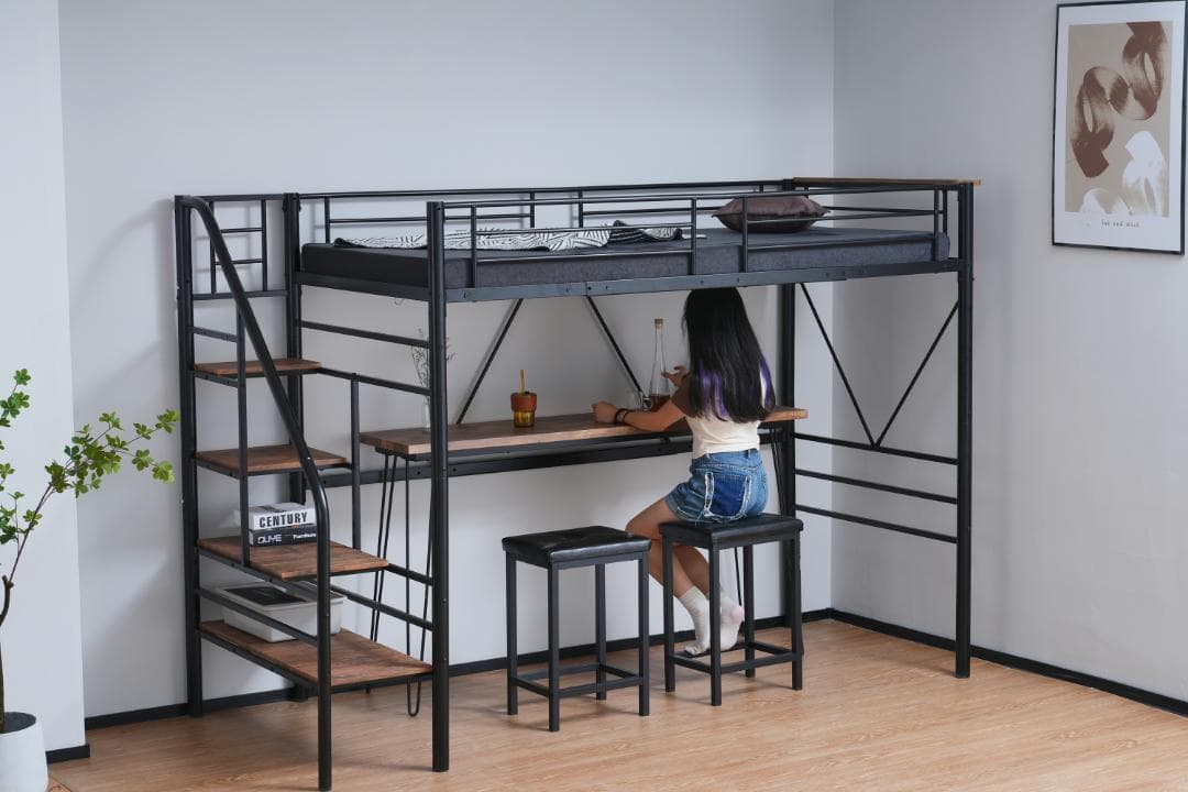 【10cm厚さグレーマットレス付き】ロフトベッド 階段付き S パイプベッド