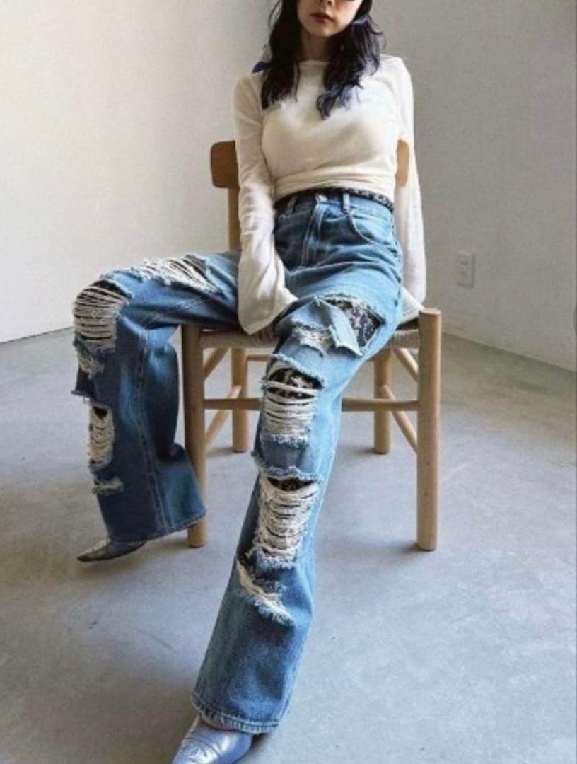 【新品】Ameri WIDE DAMAGE DENIM PANTS 26インチ