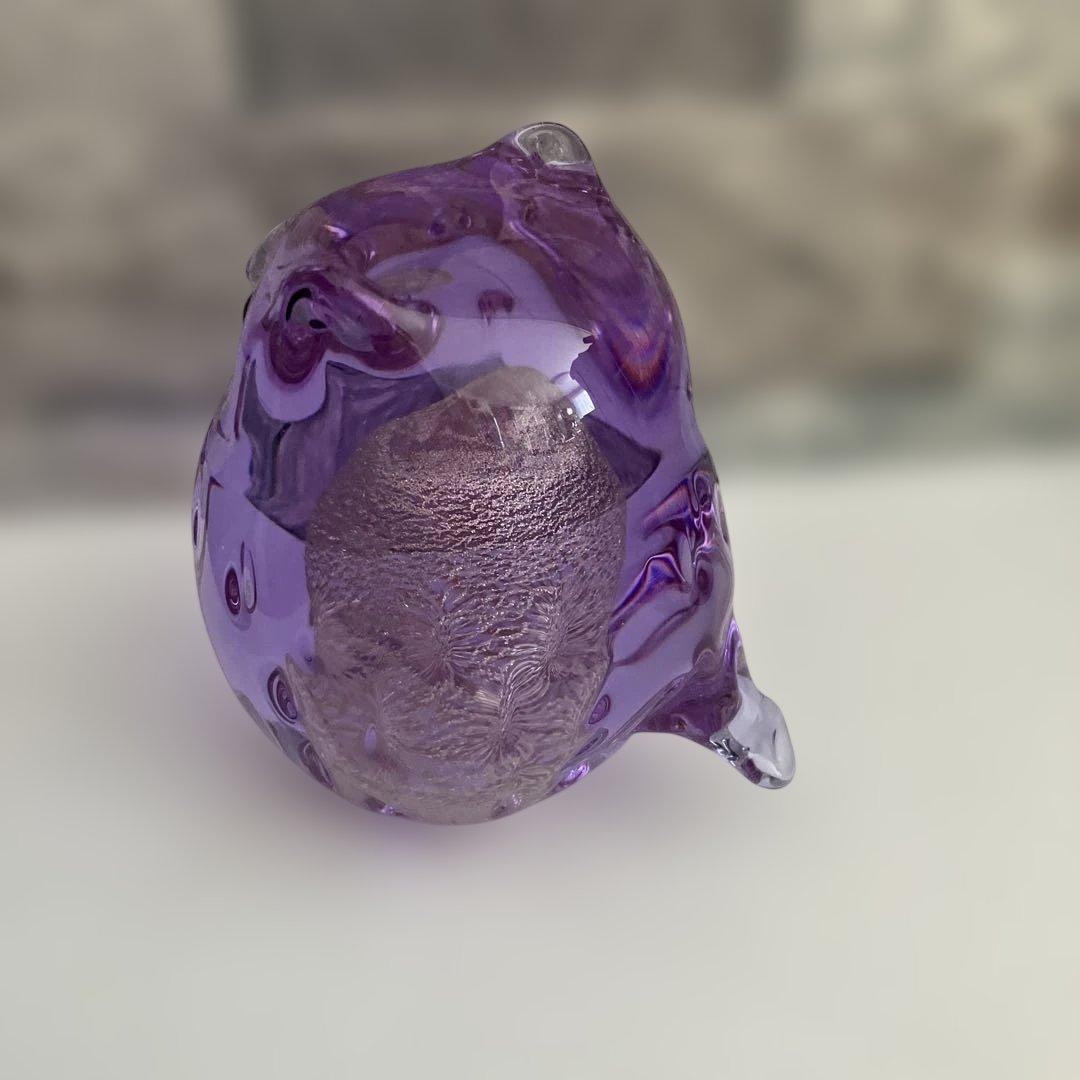 津軽びいどろ　梟　フクロウ　紫苑　パープル　鳥　ガラス置物　クリスタル　オブジェ