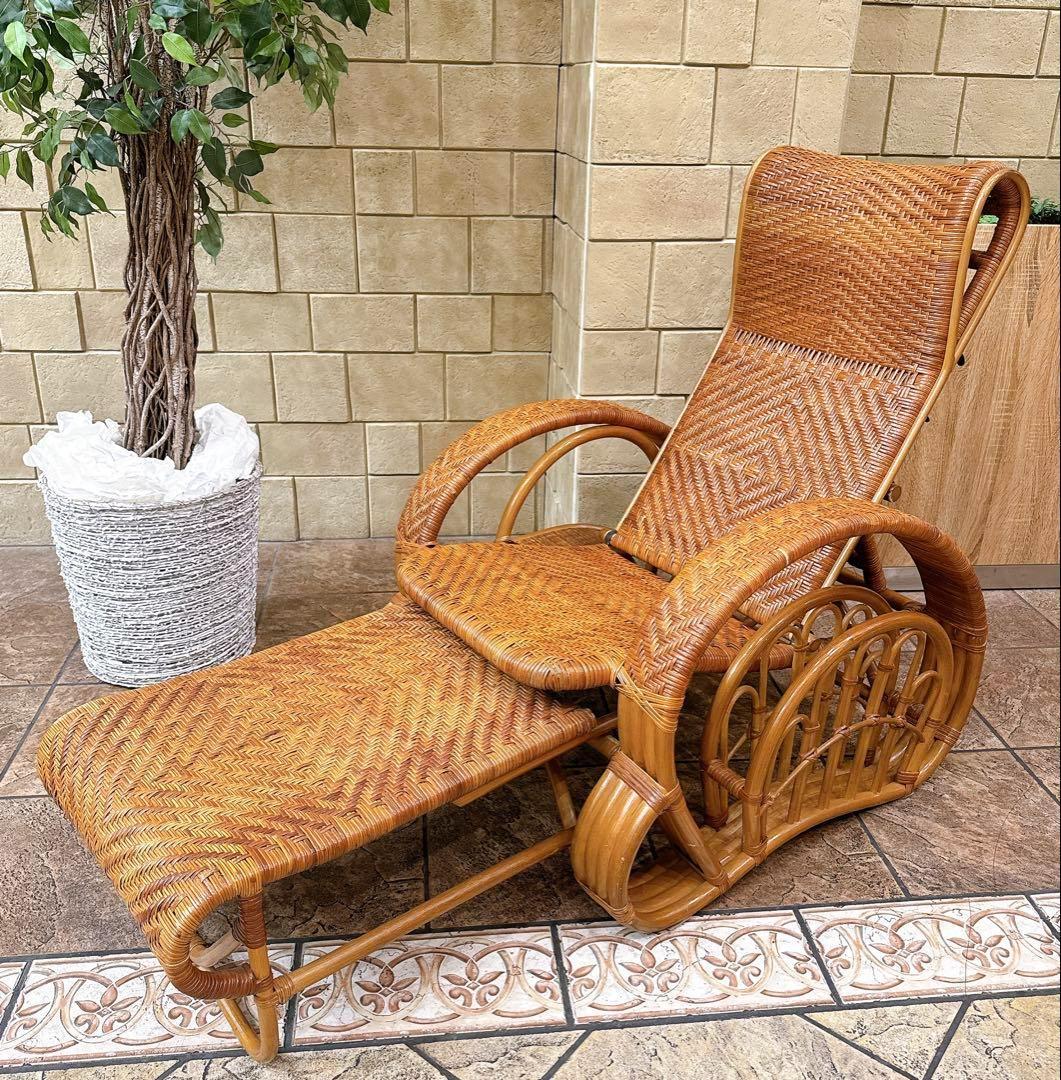 カズ　ラタンリクライニングチェア オットマン付き 籐家具 1人掛けソファー