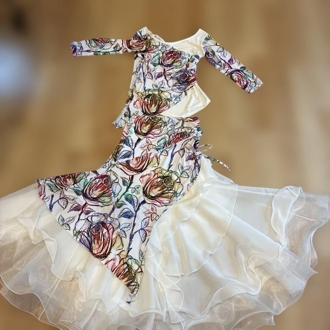 社交ダンス用花柄ドレス・フリル付き　M