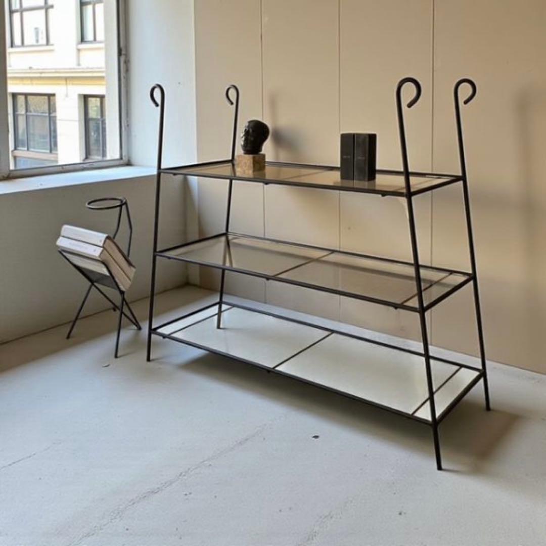 TK【ビンテージ】アイアンスチール 3段 ガラス オープンシェルフ 什器