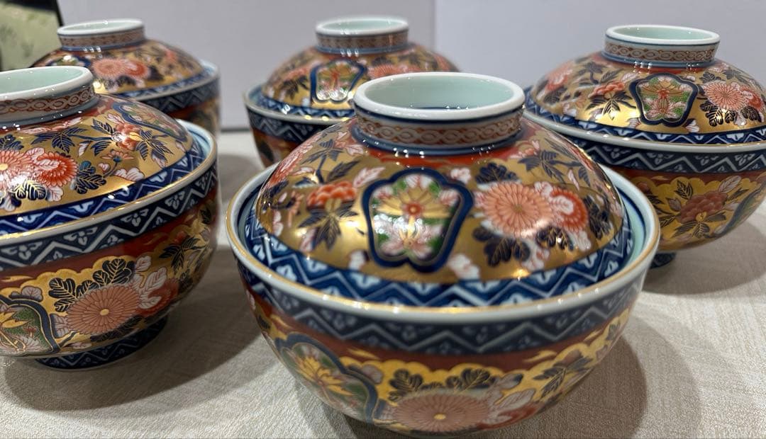 極錦金彩古伊万里 賞美堂 其泉窯 蓋つき煮物椀 5個セット