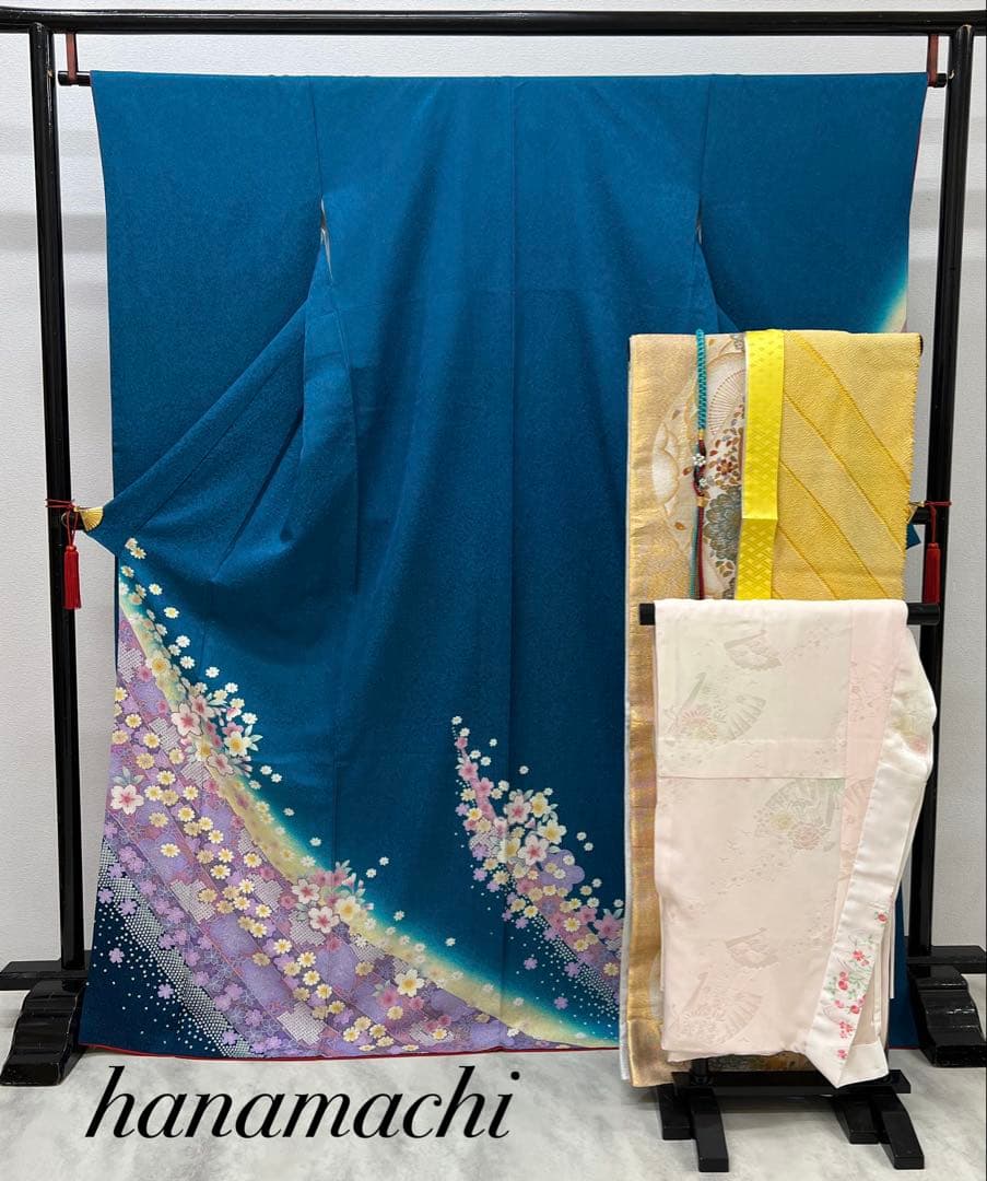 振り袖　フルセット　別誂長襦袢付　ブルー　成人式　金彩加工　金通し　714